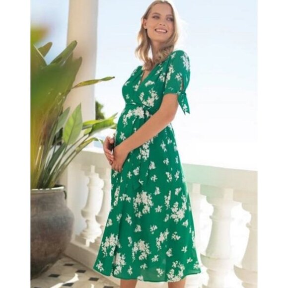Seraphine Floral Print Midi Wrap Maternity Dress Green SZ 10 - Picture 1 of 6